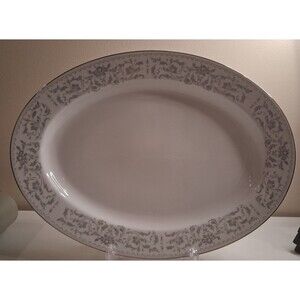 WESTBURY  Oval 14” Serving Platter Platinum Trim Light Grey & White Scroll